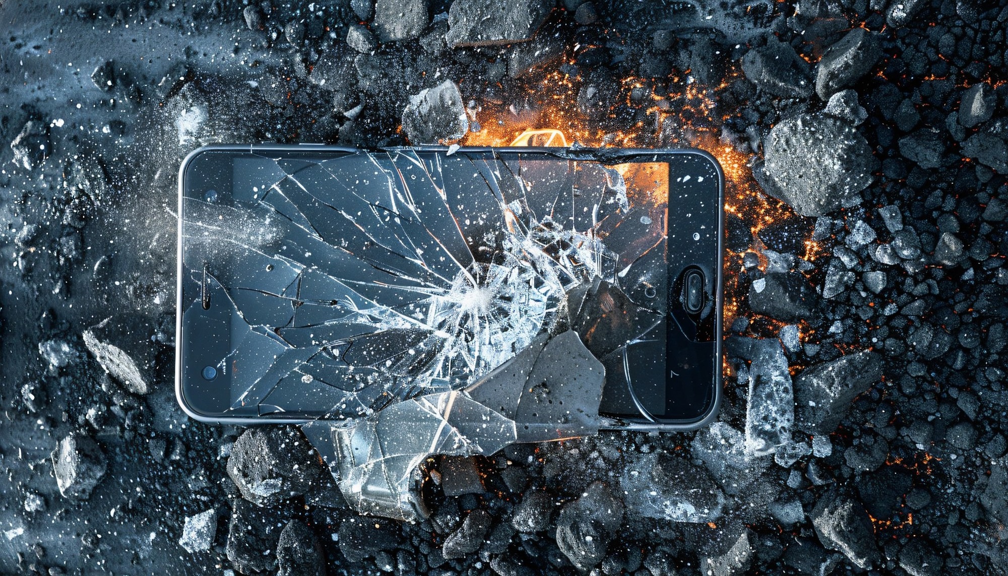 smartphone brisé dans un décor apocalyptique