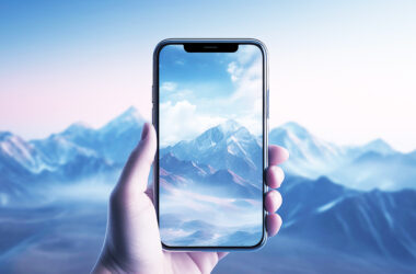 Smartphone à la main avec un fond d'ecran abstrait sortant de l'écran