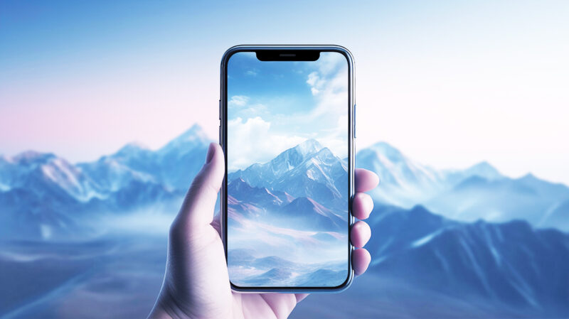 Smartphone à la main avec un fond d'ecran abstrait sortant de l'écran